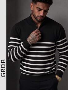 GRDR Men's Autumn/Winter Striped 1/4 Zip Collar Long Sleeve Sweater, New Casual Commute Knit Top - Black - View 4