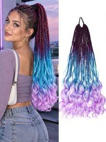Color Gradient Braided Ponytail Hair Piece, Curly Wavy Ends Clip‑In Ponytail Extension For Women Party Daily Wear - Multicolor - View 8