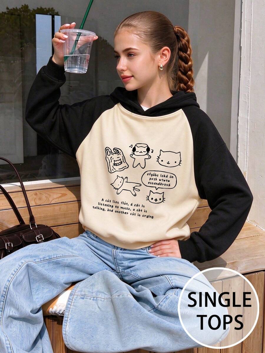 1pc Teen Girl Cute & Lively Cat Theme Colorblock Loose Fit Sweatshirt, Long Sleeve, Suitable For Back To School And Graduation Season - Apricot - View 1