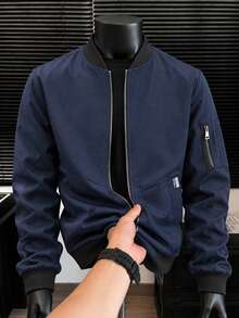 1pc Men's Pilot Jacket Zipper Decor Baseball Collar Casual Outerwear Spring/Autumn Versatile Workwear Jacket - Navy Blue - View 2