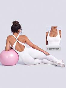 NcmRyu Women's 1pc Elastic Twisted Hollow Back Ribbed Yoga Sports Jumpsuit - White - View 10