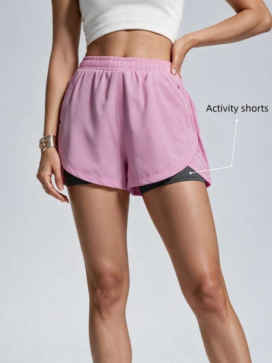 Knot & Curve 1pc Women's Shorts With Built-In Undershorts, 2-In-1 Solid Activewear Pants, Elastic 2 Pieces Suit, Suitable For Running, Sports, Yoga, Fitness In Summer - Mauve Purple - View 1