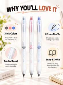 3 PIEZAS/Juego Bolígrafos de Gel Retráctiles de 0.5mm, Barril Transparente Mate, Escritura Suave, Adecuado para Escuela y Oficina - Conjuntos - Ver 7