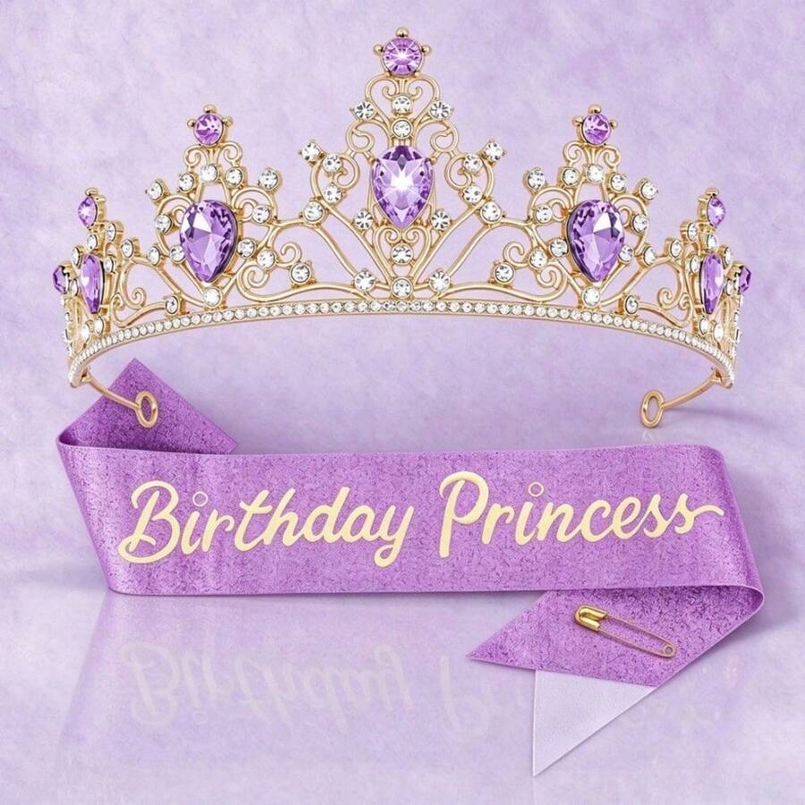 Födelsedagspriorcesset med tiara och band, 3 delar, krona med strass och glittrande födelsedagsband med säkerhetsnål, kostymtillbehör för flickors födelsedagsparty - Multifärgad - Visa 1