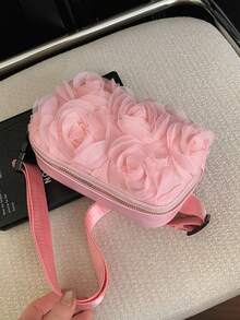 Tas Pinggang Jala 3D Motif Mawar untuk Anak Perempuan, Tas Selempang Dada Motif Bunga Lucu dengan Tali Bahu yang Dapat Diatur, Tas Mini Kecil - A - View 6
