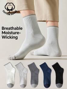 5 Pairs Men's Cotton Crew Socks, Breathable Moisture‑Wicking Mid‑Calf Socks, Solid Color Soft Casual Daily Sports Socks For Men - Multicolor - View 12