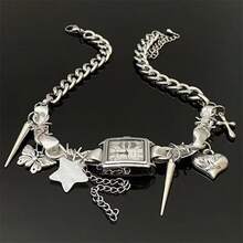 Women's Punk Style Square Roman Dial Necklace Quartz Watch, Butterfly Heart Star Pendant Chain Quartz Watch Necklace (1pc/Set) Watch Box Not Included - Silver - View 5