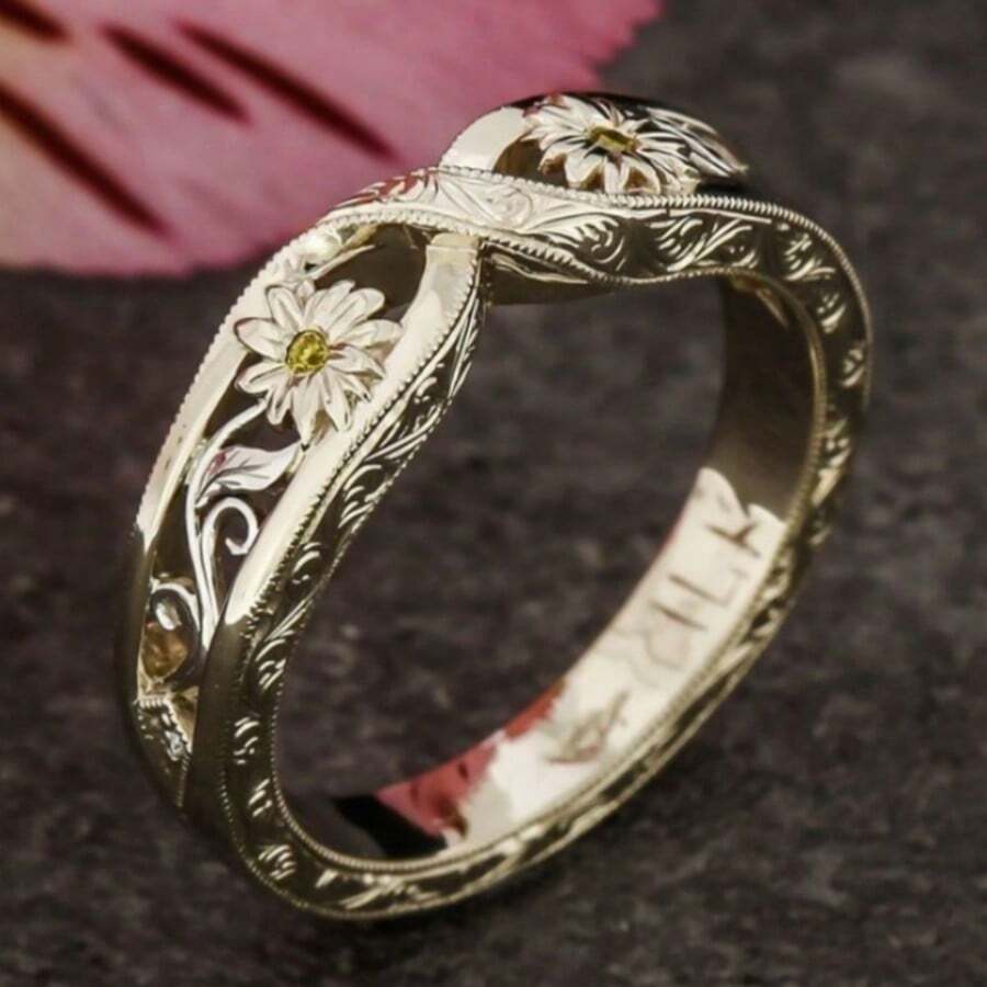 Women's Twisted Hollow Thin Ring, Embossed Design With Small Flower Synthetic Zirconia Accents, Exquisite Jewelry - Silver - View 1