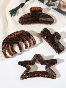 1pc Vintage Leopard Print Amber Jelly Brown Semi-Circle Star Rectangle Hair Claw, Oversized Hair Clip, Elegant Versatile Hair Accessory - Multicolor - View 5