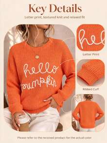 Plus Size Women Fall Winter Crew Neck Sweater, Long Sleeve "Hello Pumpkin" Letter Print Knit Jumper, Casual Top For Commute, Date & Daily Outing - Orange - View 2