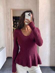 Women's Burgundy Square Neck Peplum Sweater Long Sleeve Pullover Top For Fall And Winter Fashion - Burgundy - View 6
