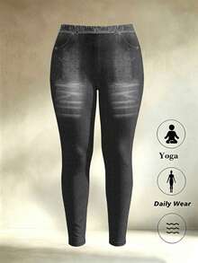 Plus Size Faux Denim Jeggings | High Waisted Stretchy Tummy Control Skinny Pants Compatible With Apple Shape & Curvy Women | Fall Daily Wear & Work Outfits - Multicolor - View 2