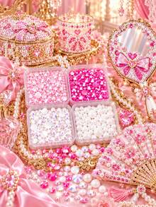 Pink Series 4-Grid Resin Flat Back Rhinestone Set, Deep & Light Pink Iridescent Rhinestones Paired With White Iridescent Rhinestones And Half-Round Pearls, Assorted Sizes. Faceted High-Shine Transparent, Easy To Apply, Suitable For Idol Fans, K-Pop Cards, Phone Cases, Creating Sweet Girl Style Fan Decoration Crafts. (Finished Product Not Included) - 4-compartment Pink Series - View 3