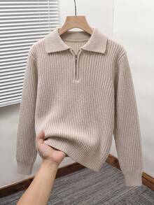 Sweater Polo Kerah Setengah Resleting untuk Anak Laki-Laki Remaja, Model Retro Fashion Musim Gugur/Dingin, Pullover Rajut Longgar Lembut, Serbaguna untuk Kampus dan Pakaian Sehari-hari - Aprikot - View 1