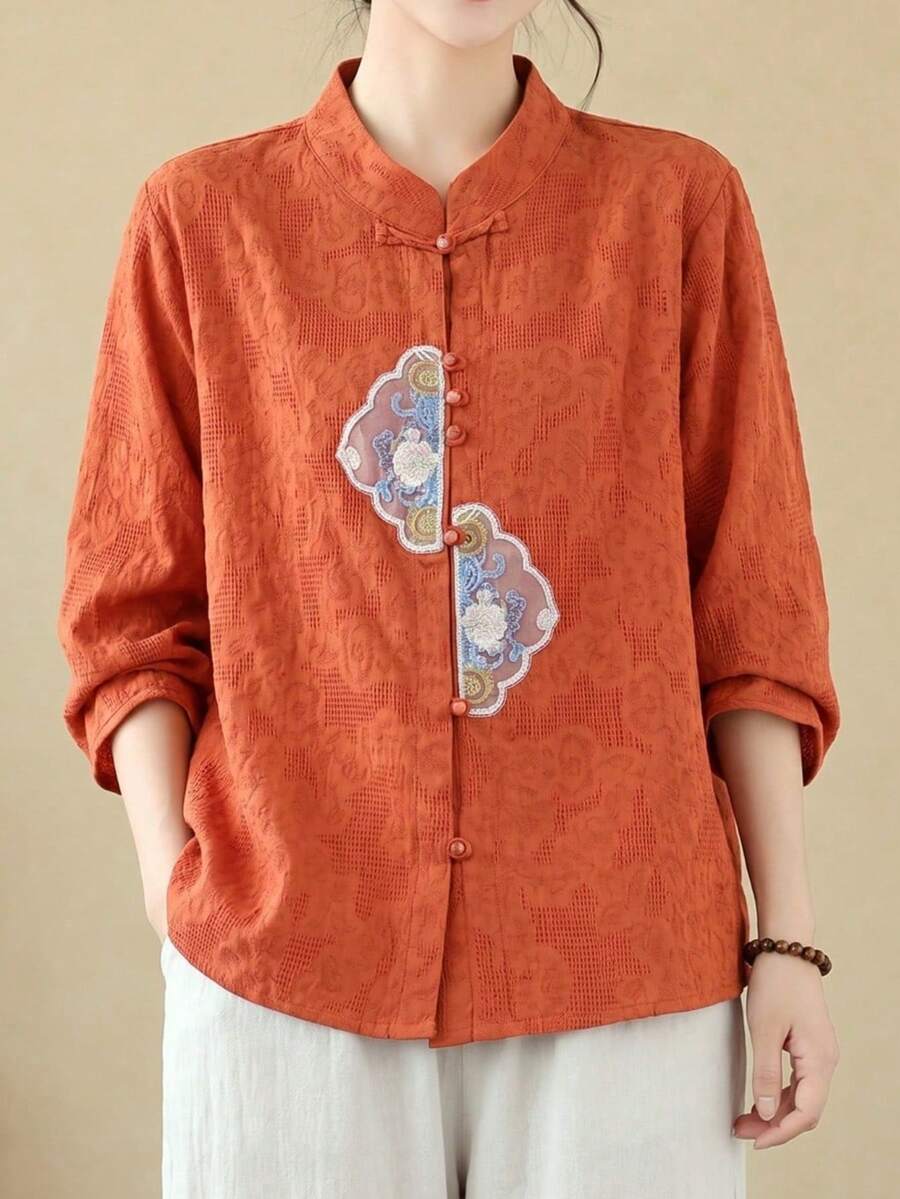 Women's Chinese Style Embroidered Frog Button Jacquard Linen Shirt, Stand Collar Rolled Sleeve 3/4 Sleeve Loose Fit Blouse - Orange - View 1