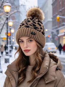 1pc Women's Autumn/Winter Leopard Print Pom Pom Knitted Hat, Fashionable Versatile Windproof Warm Ear-Protective Beanie, Suitable For Daily Outdoor Wear - Multicolor - View 2