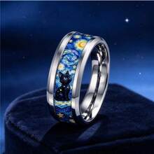 8mm Black & Silver Two-Tone Tungsten Carbide Ring, Featuring Van Gogh's "The Starry Night" & Black Cat Art Pattern, Dark Mysterious Gothic Celestial Theme Personalized Band, Comfortable Inner Ring Design Unisex Jewelry, Perfect Gift For Cat Lovers & Impressionist Art Enthusiasts - Multicolor - View 5