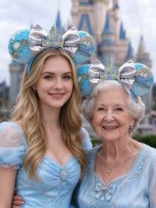 Disney Cinderella Castle Mickey Ears Headband For Adults, Sparkly Blue Sequin Ears With Iridescent Satin Bow Head Band, Pumpkin Carriage Clock Cosplay Hair Accessory For Theme Park & Party - View 1