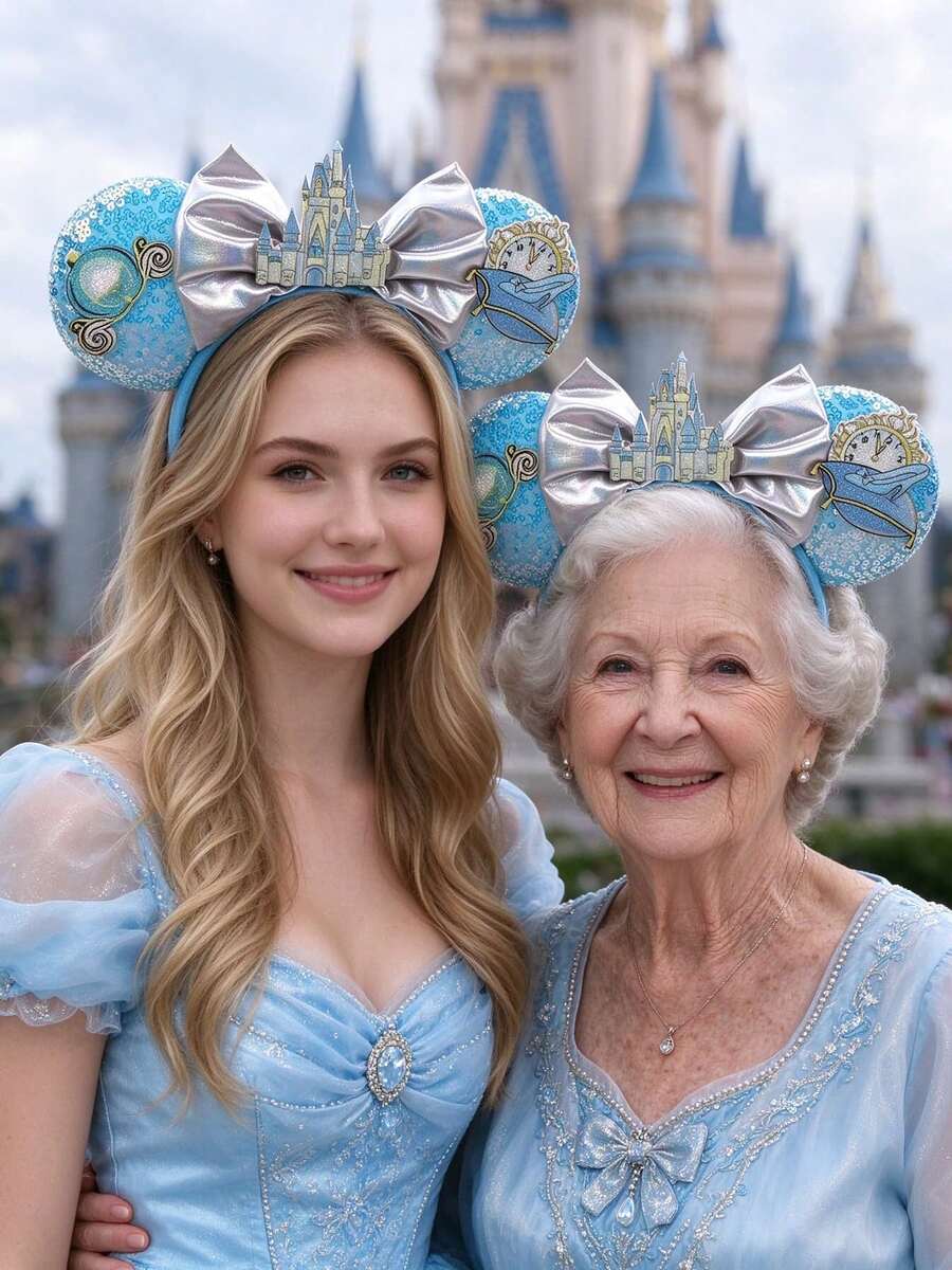 Disney Cinderella Castle Mickey Ears Headband For Adults, Sparkly Blue Sequin Ears With Iridescent Satin Bow Head Band, Pumpkin Carriage Clock Cosplay Hair Accessory For Theme Park & Party - View 1