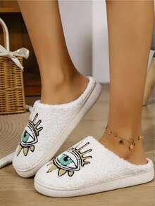 Autumn/Winter Thermal Slippers Halloween Eye Embroidery Print Indoor Home Closed-Toe Thermal Slippers - White - View 5