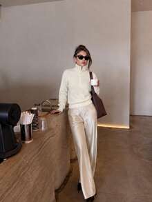 Plus Size Women's Cream Color Button High Neck Ribbed Knit Pullover Sweater Suitable For Autumn/Winter Daily Wear - White - View 2