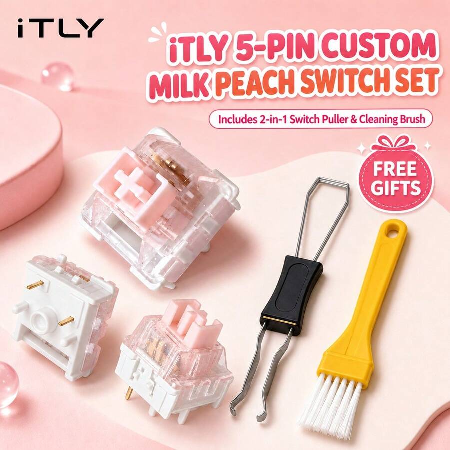 Milk Peach Switch 50 90 100Pcs Linear 5 Pin Pre Lubed 42gf Light Actuation Force Marbly Sound With 2 In 1 Puller And Yellow Brush For Office Gaming Custom DIY Keyboard Build