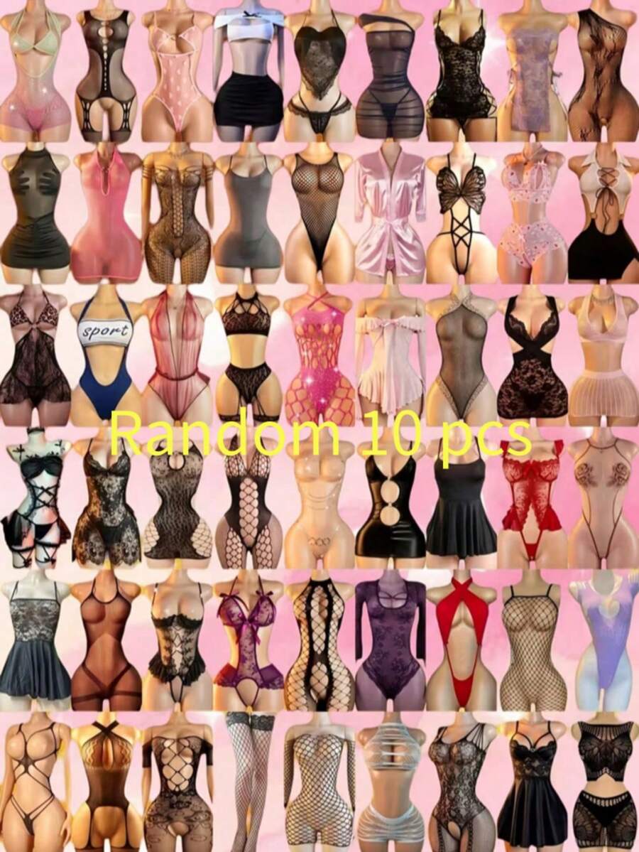 10 Sets Random Fishing Net Lingerie, Halter Neck Hollow Out Design, Sexy And Comfortable, Suitable For Intimate Dates, Also An Exquisite Gift For Valentine's Day And Other Holidays - Multicolor - View 1