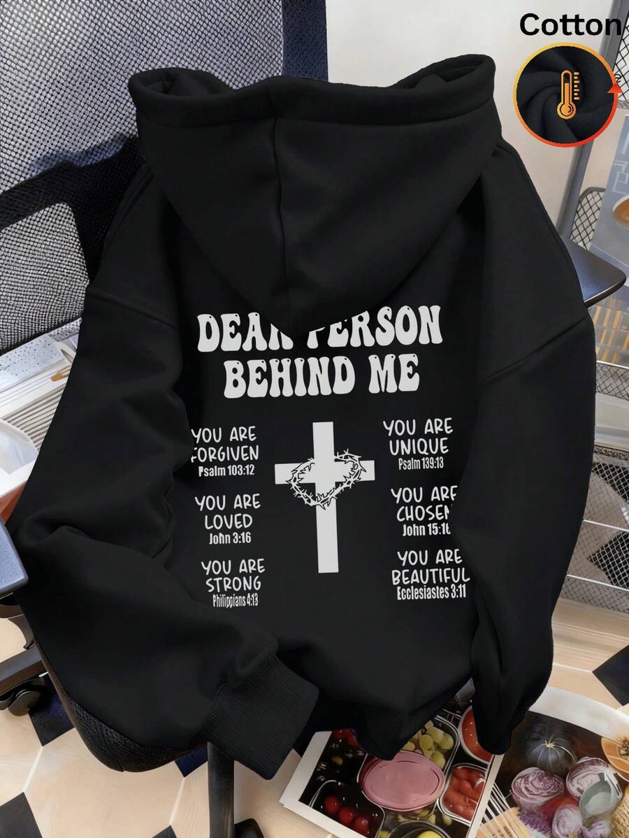 Women's Fleece Lined Hooded Sweatshirt, Cross Pattern And Bible Verse, Y2K Style, Autumn/Winter - Black - View 1