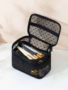 1pc Double Layer Heart Pattern Large Capacity Mesh Makeup Bag, Fashionable Toiletries Storage Bag - Black - View 2
