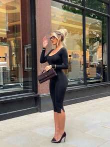 Y2K Hot Girl Low Neck Long Sleeve Shaping 7/8 Length Jumpsuit Women's Clothing - Black - View 2