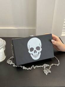 Cool Punk Style White Skull Print Square Box Bag, Metal Chain Shoulder Crossbody Small Bag, Dark Style Cos Personalized Holiday Party Clutch Evening Bag - Black - View 1