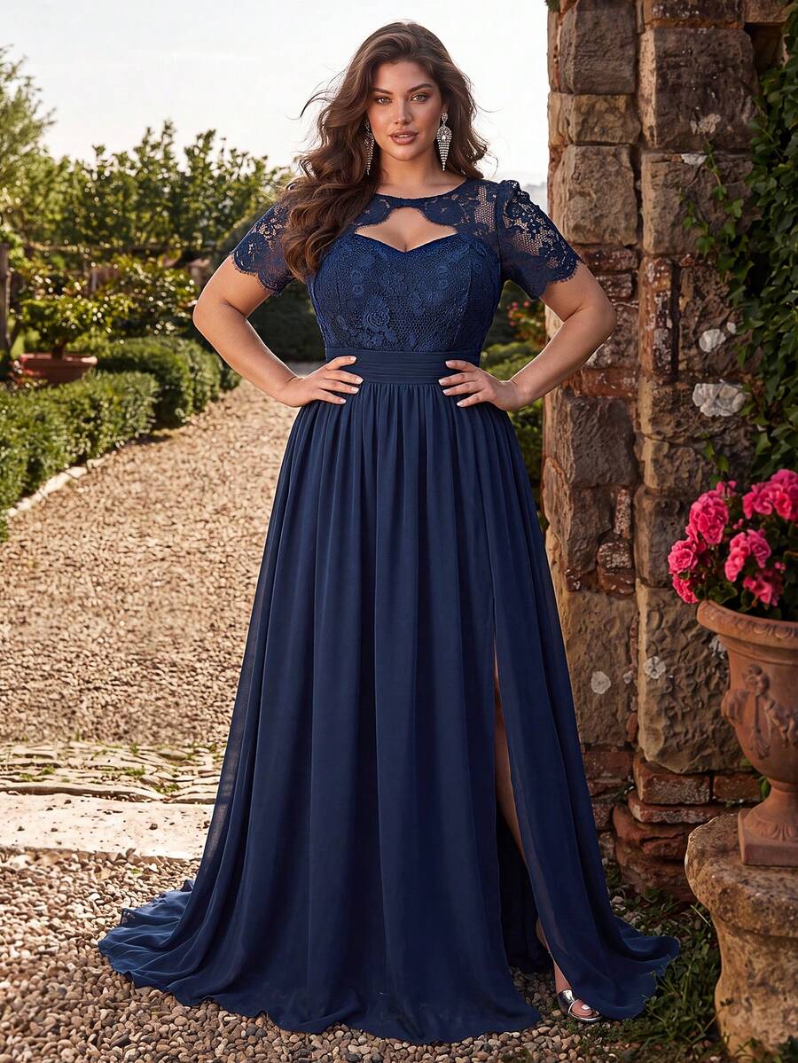 QOQ Plus Size Women's Elegant Chiffon Short Sleeve Formal Evening Gown, Backless Slit Long Dress, Autumn Style - Navy Blue - View 1
