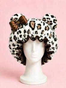 Leopard Print Plush 3D Cat Ear Bow Hair Cap, Quick-Drying Soft Sleep Cap, Suitable For Daily And Nighttime Hair Care - Multicolor - View 9