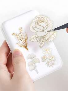 54pcs/Pack Gold Line & White Floral Plant Stickers, Transparent PET Decorative Stickers, Suitable For Luggage, Laptop, Refrigerator, Phone Case, Water Bottle And Any Other Places, Self-Adhesive DIY Stickers - one-size - View 3