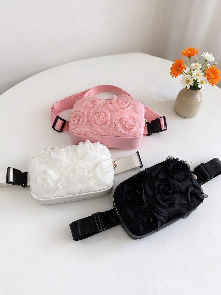 Tas Pinggang Jala 3D Motif Mawar untuk Anak Perempuan, Tas Selempang Dada Motif Bunga Lucu dengan Tali Bahu yang Dapat Diatur, Tas Mini Kecil - A - View 1