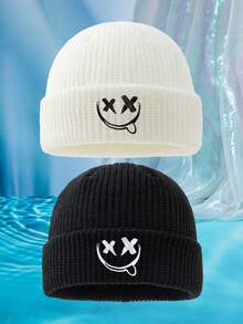 MAKEFGE 1pc Unisex Funny Embroidered Pattern Beanie Hat, Black & White, One Size, Thin Knit, Casual Outdoor Fashion Accessory Suitable For Daily Wear - A - View 24