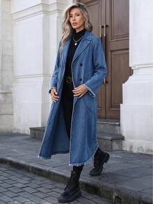 Autumn Winter Versatile Fashion Women's Casual Washed Double-Breasted Denim Jacket - Blue - View 4