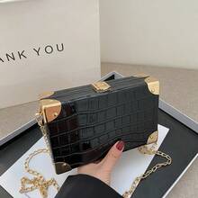 Crocodile Embossed Metal Corner Small Square Bag, Fashionable Women's Chain Crossbody Bag, Unique Solid Color Stone Texture Clutch Bag, Can Fit Phone And Coin Purse - A - View 14