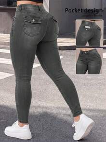 Plus Size Slim Fit Denim Jeans With Zipper Pockets And Button Details, High Elastic Comfortable Fit, Casual Women's Pants, Slim Fit, Autumn Fall - Grey - View 4
