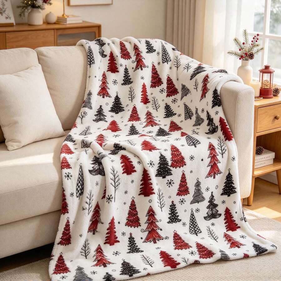 1PC White Base Red & Black Christmas Tree Snowflake Print Flannel Throw Blanket, Christmas Decor Blanket For Sofa - Multicolor - View 1