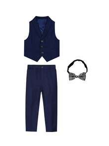 Young Boy 2pcs Set Formal Vest With Single-Breasted Buttons, Pants And Bow Tie - Navy Blue - View 5