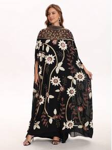 JINLICX Elegant Dignified Tropical Print Woven Fabric Beaded Sequin Patchwork Evening Gown For Holiday Wedding Formal Dinner Spring Summer Autumn - Black - View 3