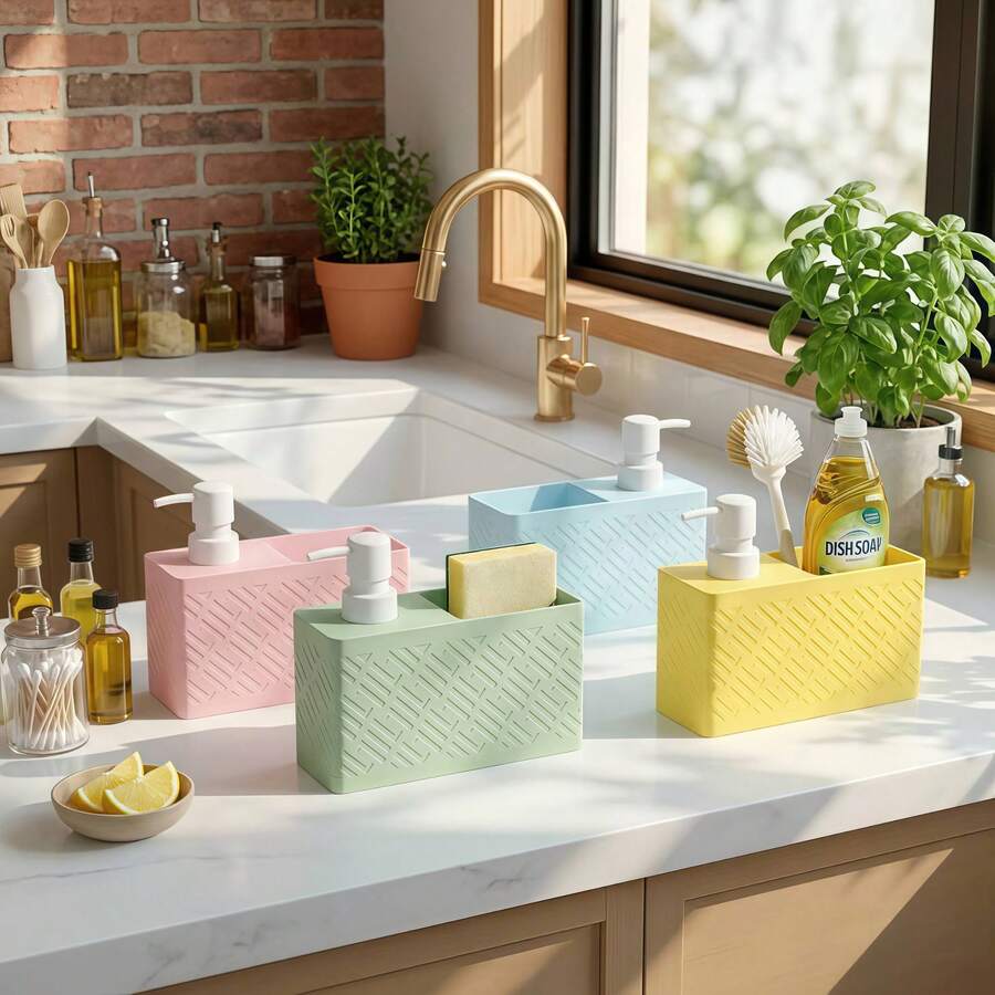 1 buah Dispenser Sabun Plastik Hemat Ruang dengan Fungsi Ganda, Minimalis, Warna Solid, Bentuk Persegi Panjang Geometris, Kompartemen Penyimpanan, Pompa Sabun Cuci Piring Isi Ulang untuk Wastafel Dapur - beraneka warna - View 1