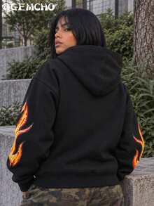 GEMCHO Women's Black Printed Zip-Up Sweatshirt, Long Sleeve Skull & Flame Print, Drawstring Hood, Suitable For Back To School, Daily Wear & Casual Street Style - Black - View 2