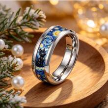 8mm Black & Silver Two-Tone Tungsten Carbide Ring, Featuring Van Gogh's "The Starry Night" & Black Cat Art Pattern, Dark Mysterious Gothic Celestial Theme Personalized Band, Comfortable Inner Ring Design Unisex Jewelry, Perfect Gift For Cat Lovers & Impressionist Art Enthusiasts - Multicolor - View 6