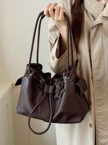 Women Vintage Soft PU Leather Drawstring Bucket Bag Star Charm Pendant Shoulder Bag Large Capacity Hobo Handbag Suitable For Daily Used Office - Coffee - View 4