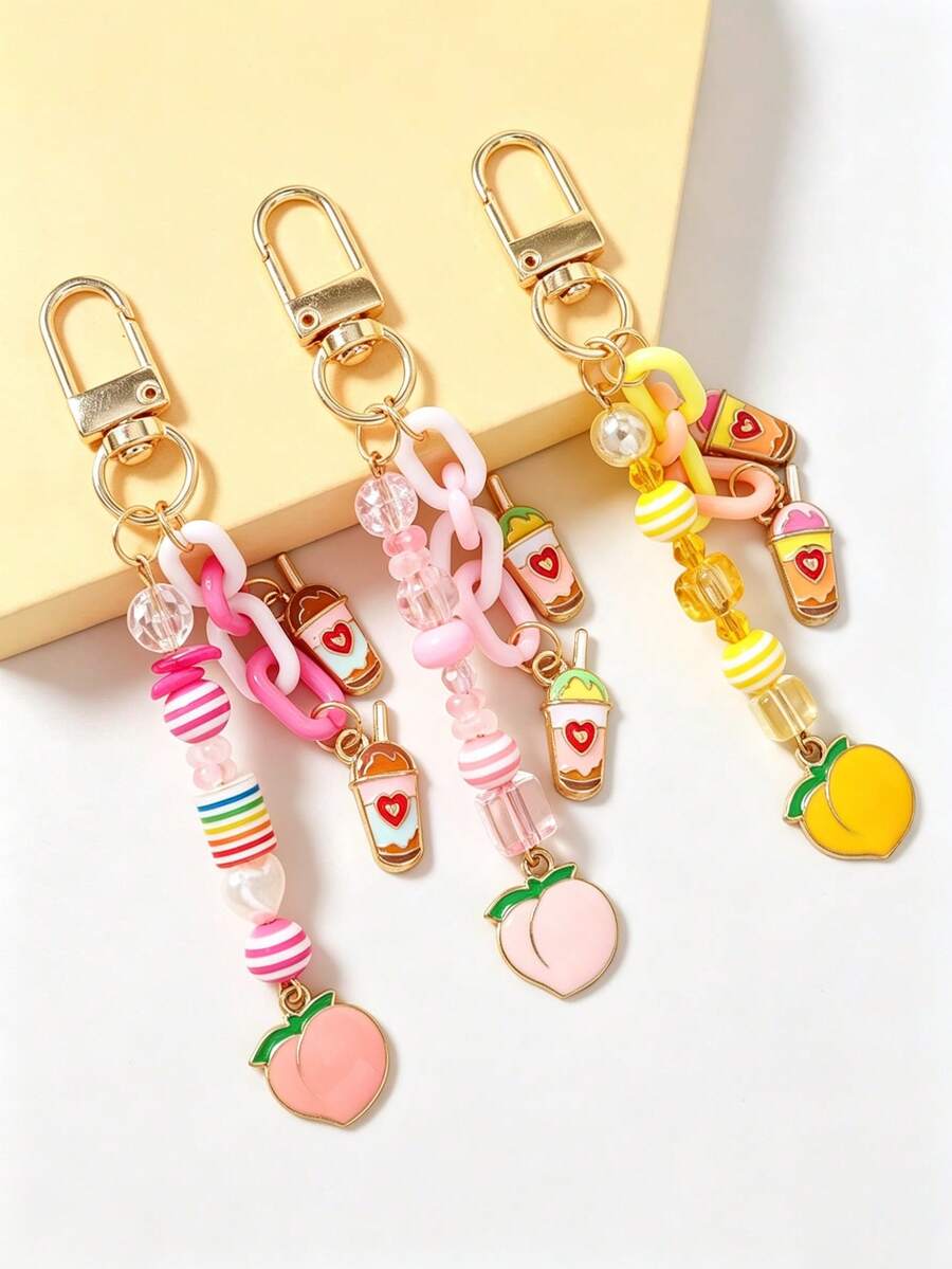 1pc Thick Chain Beverage Fruit Keychain, Milk Tea Peach Keyring, Bag Charm - Multicolor - View 1