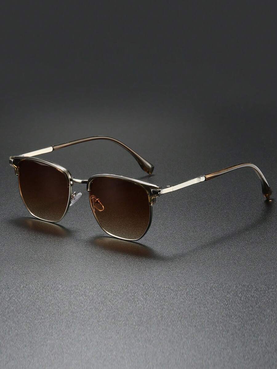 1 Pair Half-Frame Fashionable Handsome Metal Square Glasses, Universal Retro Style, Versatile For Commuting And Going Out - Tea Leaves - View 1