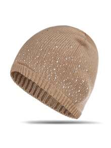 1pc Women Rhinestone Decor Knit Beanie, Solid Color Stretchy Ribbed Winter Warm Skull Cap, Casual Daily Fall Winter Hat - Multicolor - View 13