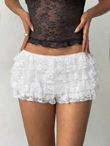 Shorts cortos súper sexys de mujer con volantes de encaje negro en estilo punk rock, bohemio y festival de música Y2K, nuevos sh - Albaricoque - Ver 2